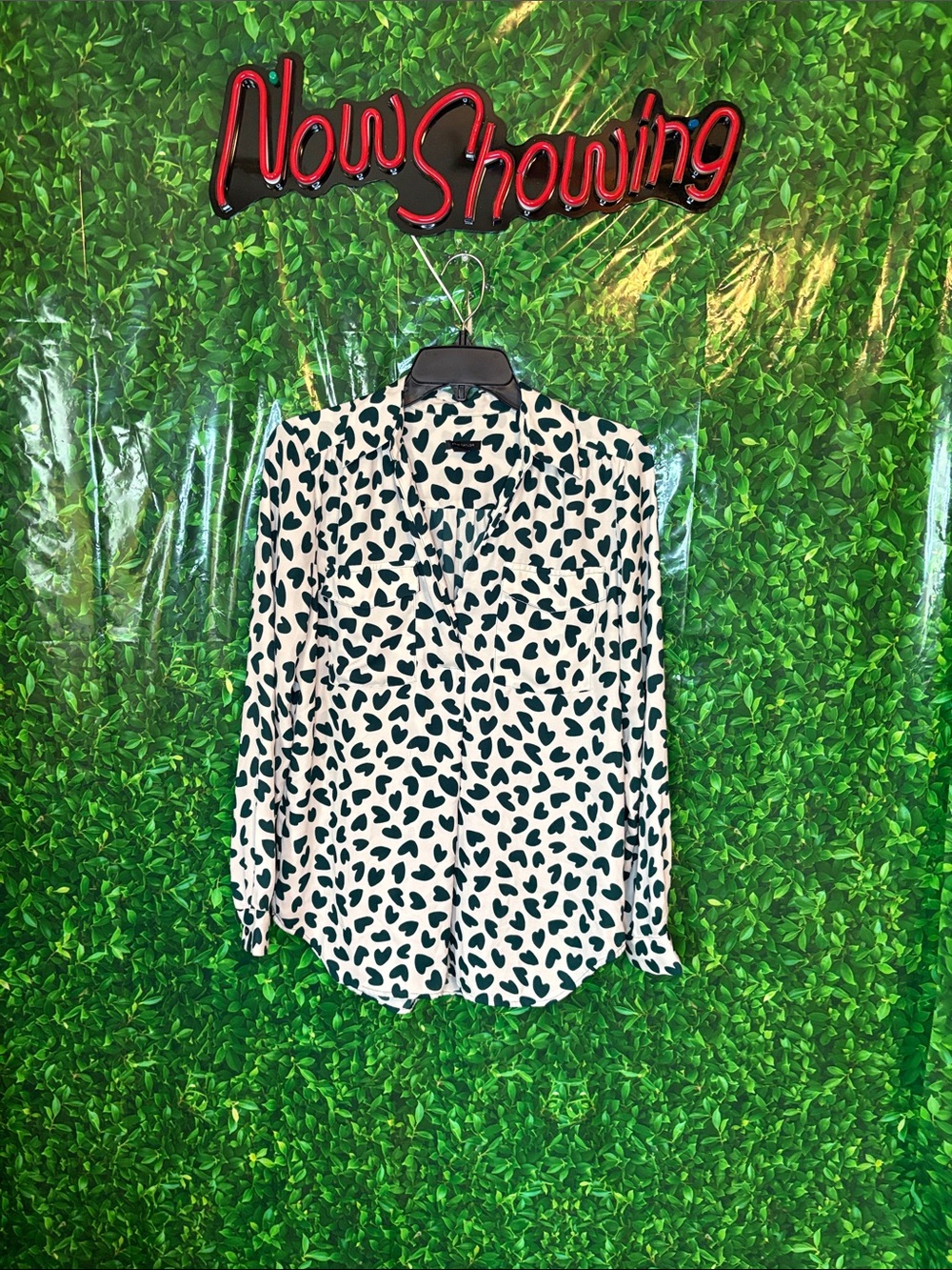 Ann Taylor White Blouse with Black Heart Print